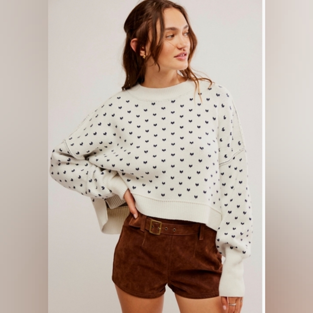 Free People Easy Street Oversize Crop Sweater - White Navy Combo Size Small